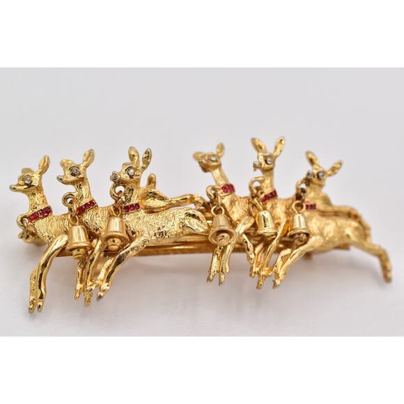 Vintage Christmas Hair Clip Reindeer Gold Red Enamel Bells Dangle Holiday 1980s main image 4